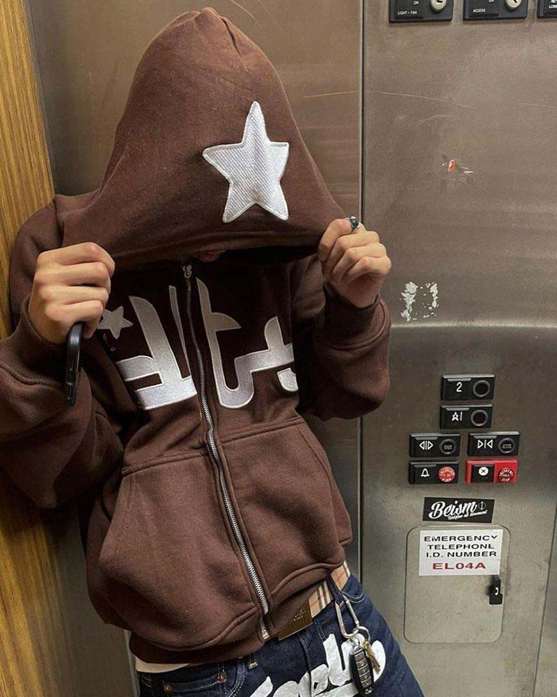 Letter Star Patched Zip Up Hoodie