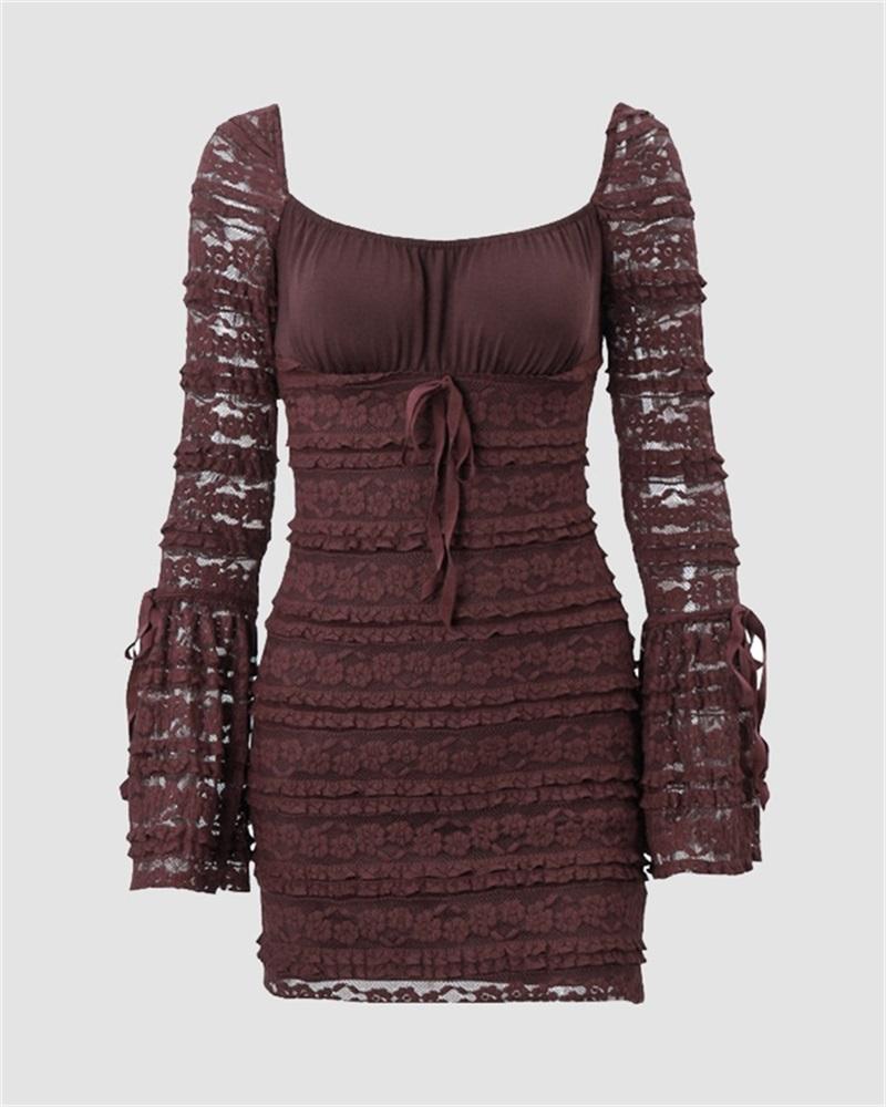 Square Neck Bell Sleeve Lace Mini Dress