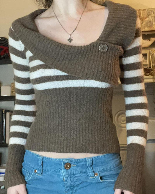 Vintage Asymmetrical Neck Stripe Sweater