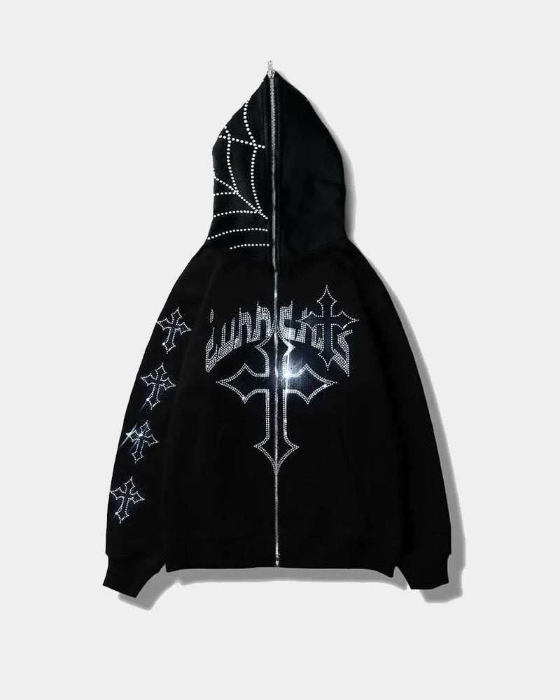 Halloween Spider Web Crossing Rhinestone Hoodie