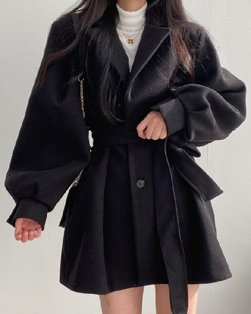 Puff Sleeve Belted Woolen Coat