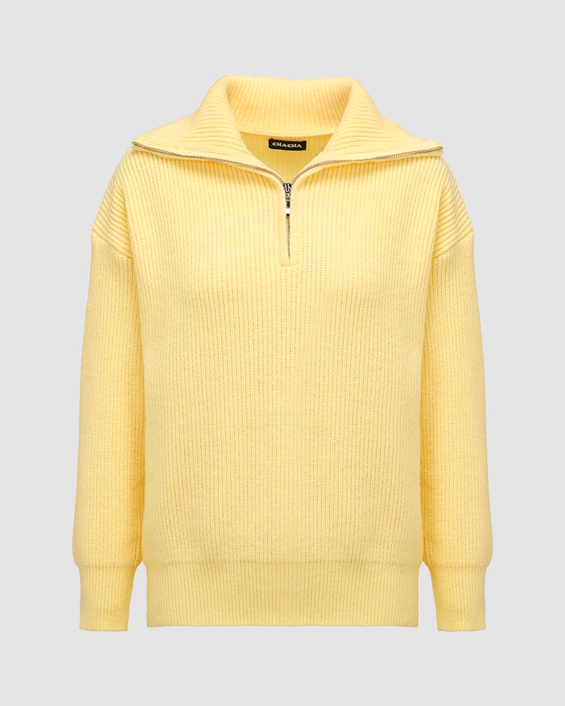 Glosst Ribbed Lapel Zip Sweater