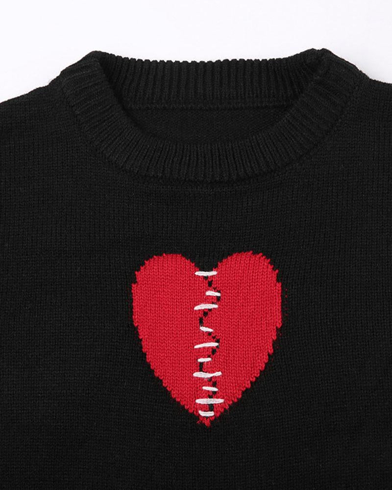 Heart Stripe Patchword Knit Sweater