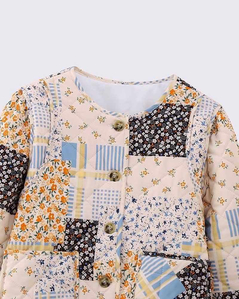 Apricot Blue Small Floral Patchwork Puffer Jacket