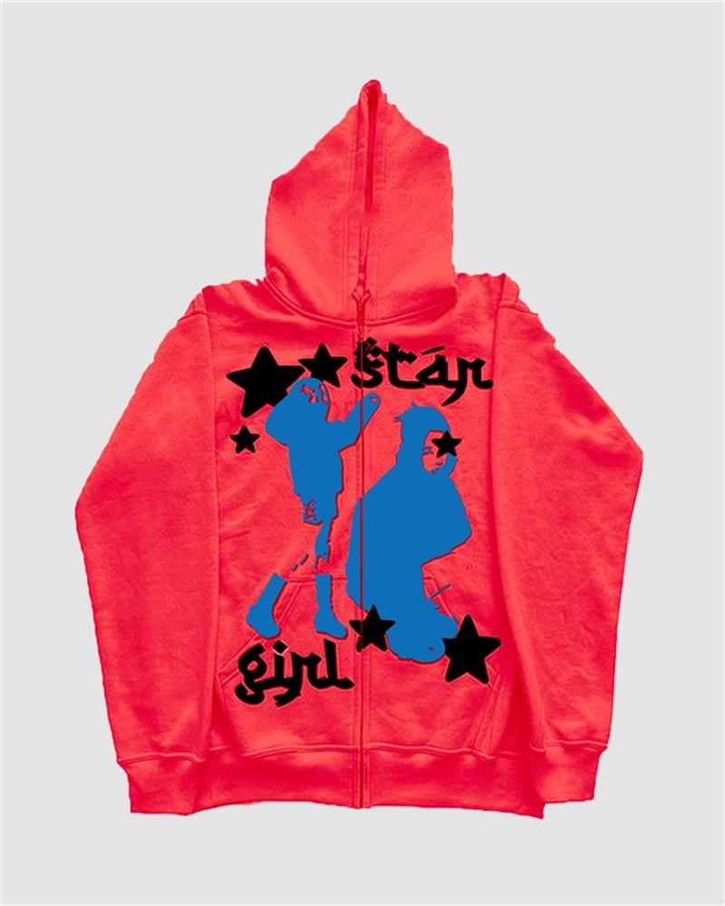 Grunge Star Print Zip Up Hoodie