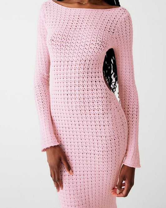 Open Back Mesh Crochet Long-Sleeved Maxi Pink Dress