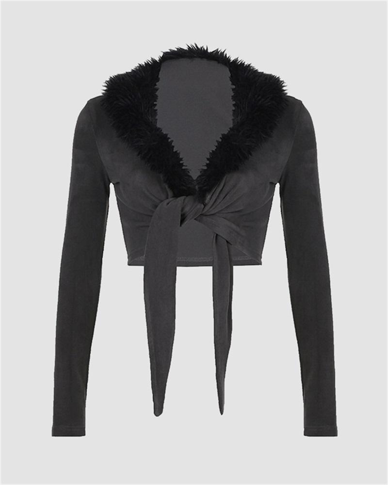 Fur Collar Patchwork Slim-Fit Cardigan