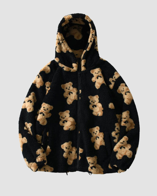 Bear Print Hooded Fleece Jacket