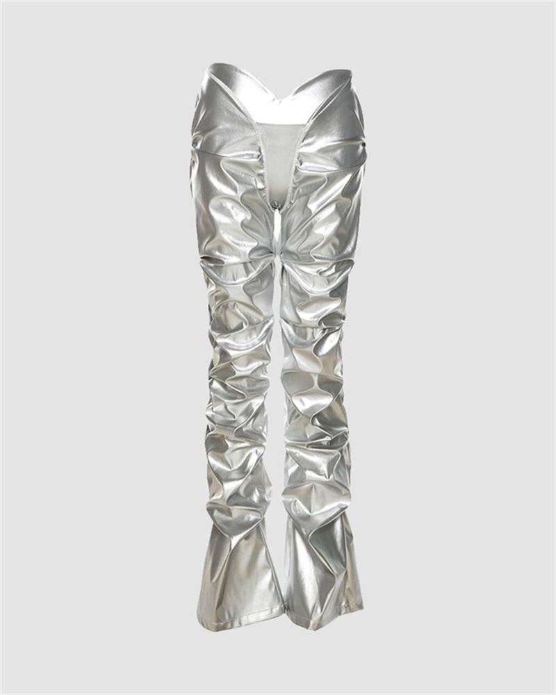 Metallic Crumple Effect PU Pants