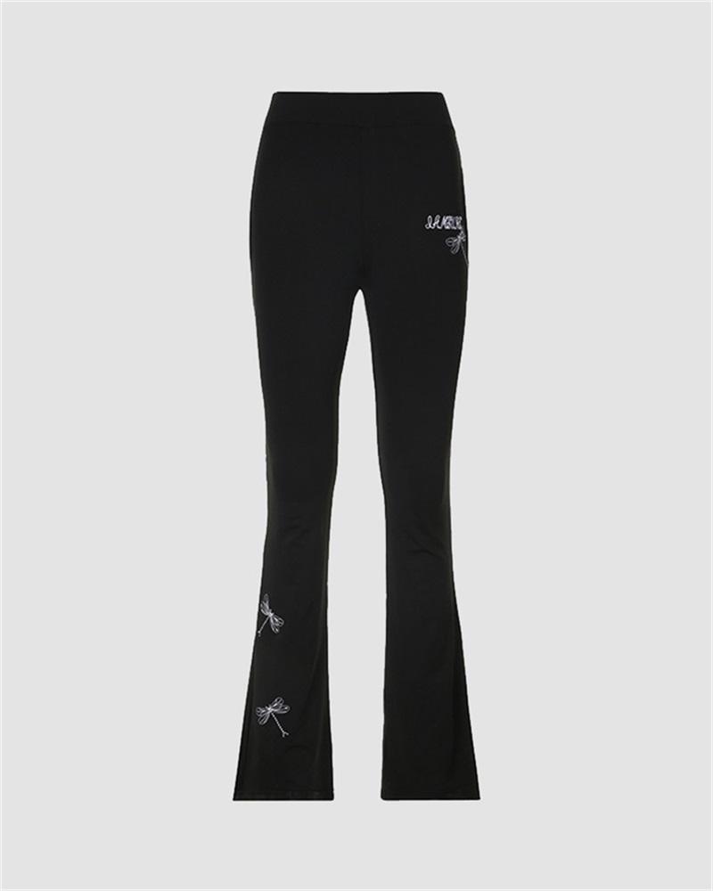 Dragonfly Embroidered Skinny Fared Pants