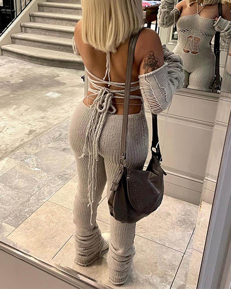 Hollow Out Knit Lace Up Jumpsuit