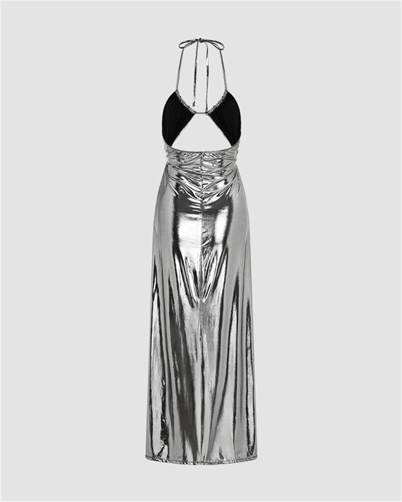 Silver Metallic Party Side Split Dress