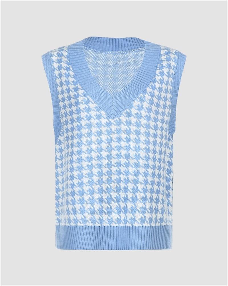 Houndstooth V Neck Sweater Vest