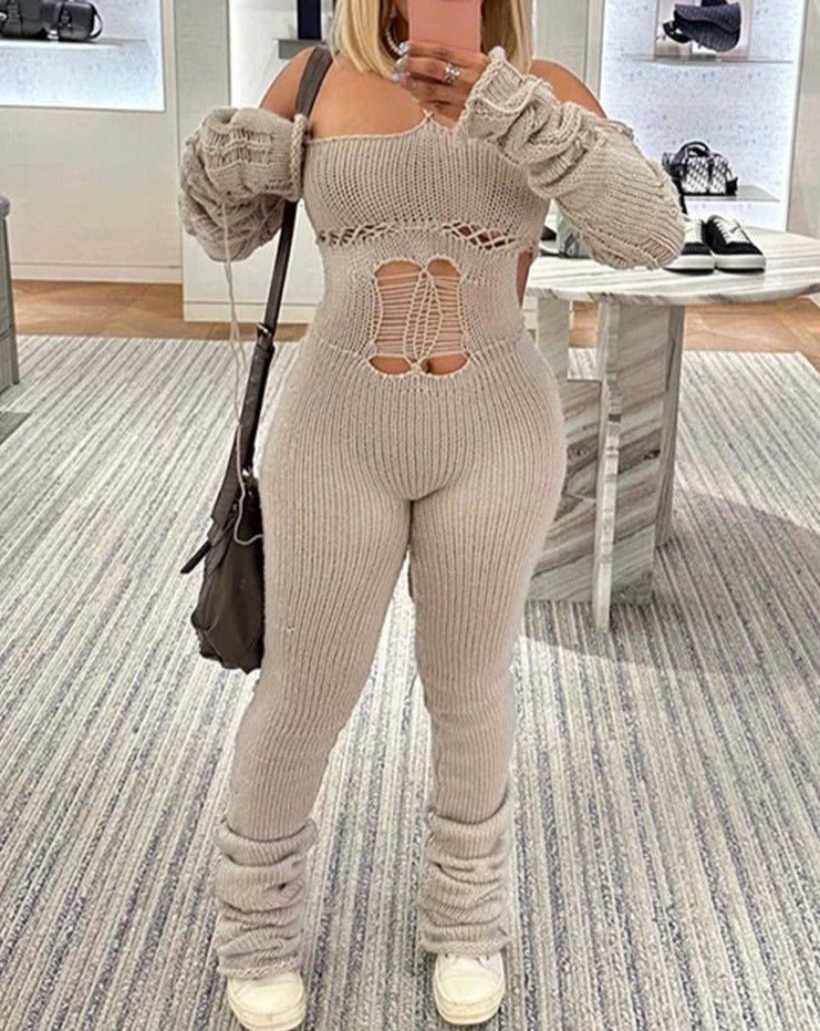 Hollow Out Knit Lace Up Jumpsuit