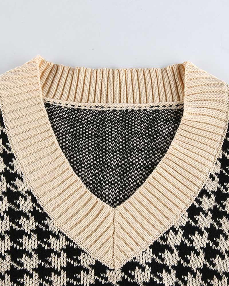 Houndstooth V Neck Sweater Vest