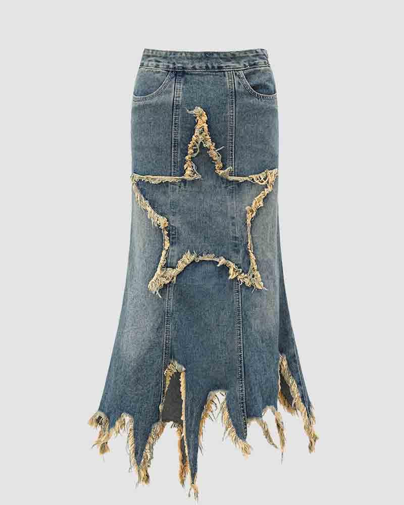 Conjus Distressed Star Denim Skirt