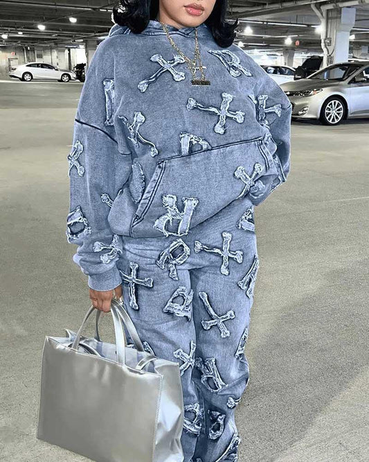 Denim Printed Patch Tracksuit Coord Sets