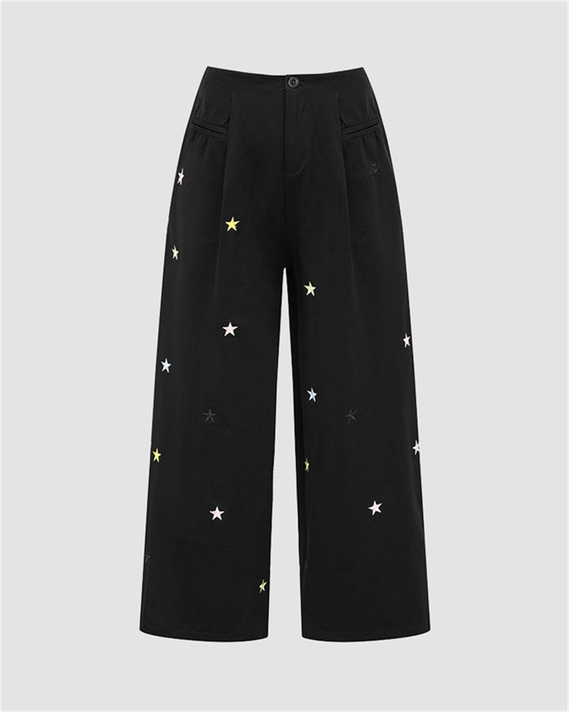 Colorful Star Embroidered Black Cargo Pants