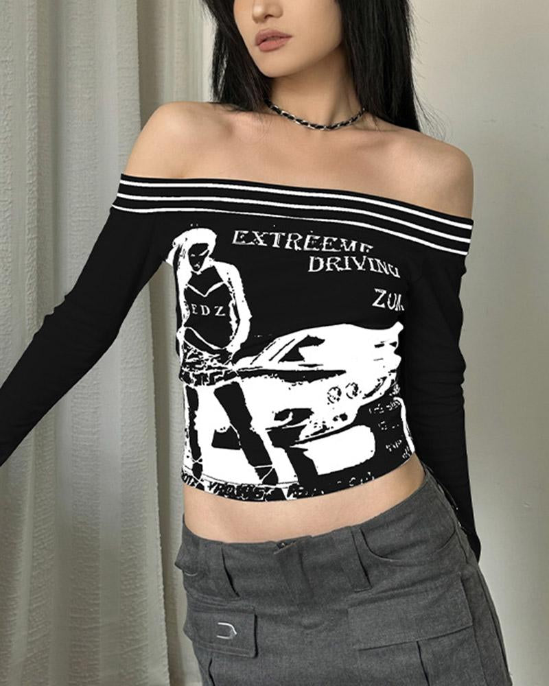 Off Shoulder Driving Graphic T-Shirt