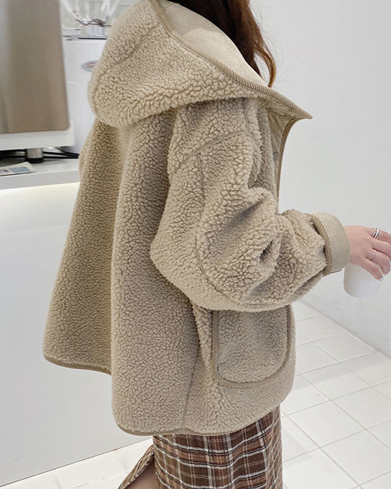 Hooded Buttoned Woolen Jacket