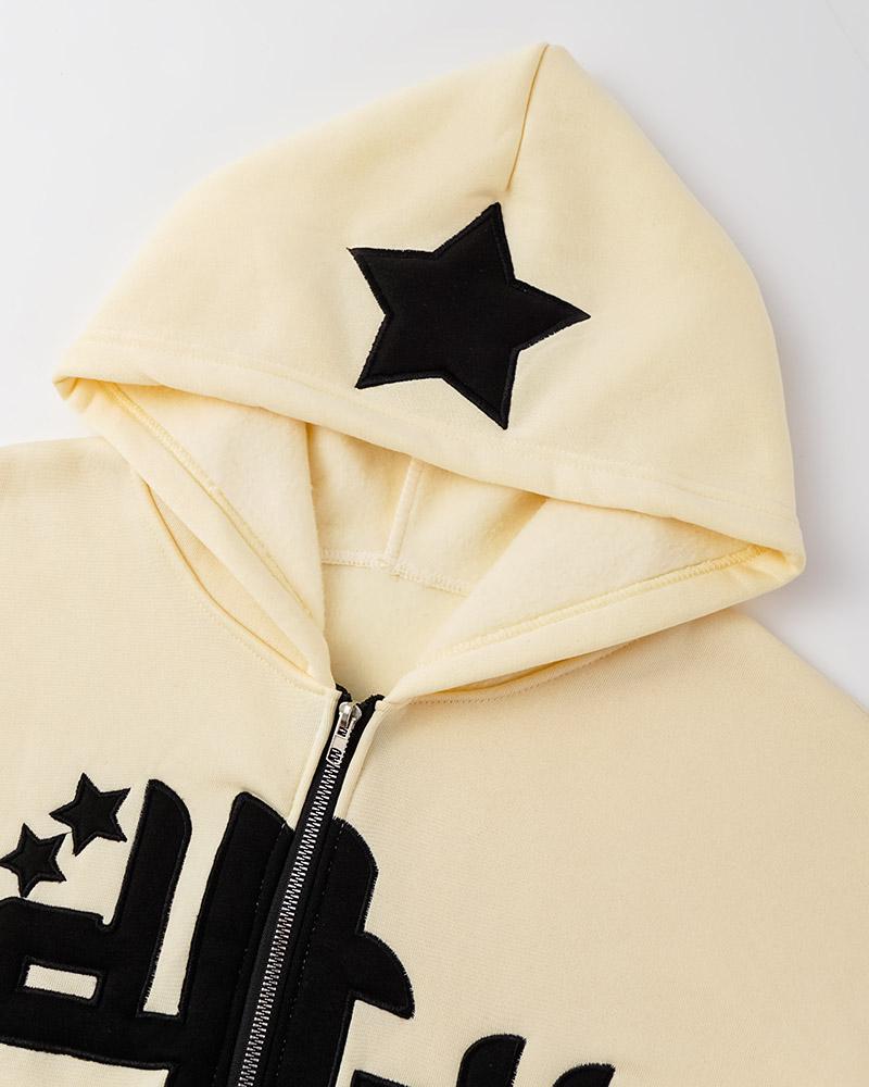 Letter Star Patched Zip Up Hoodie