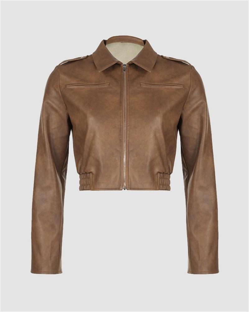 PU Leather Zipper Cropped Jacket