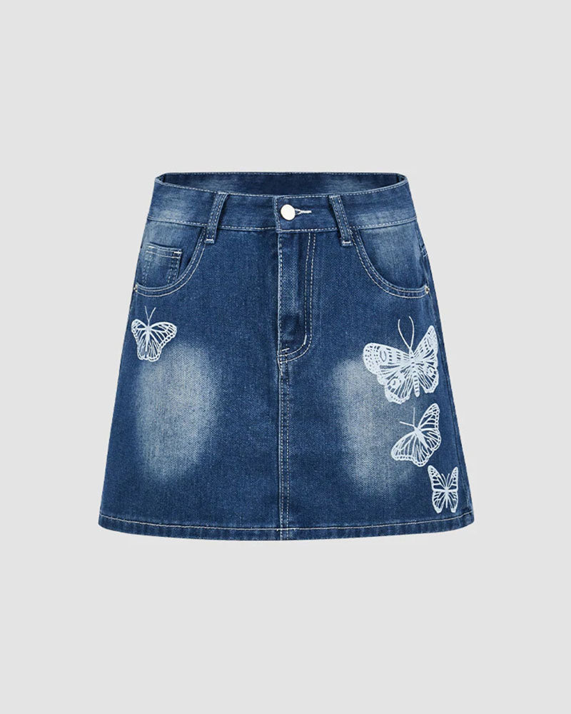 Butterfly Imprint Denim Skirt