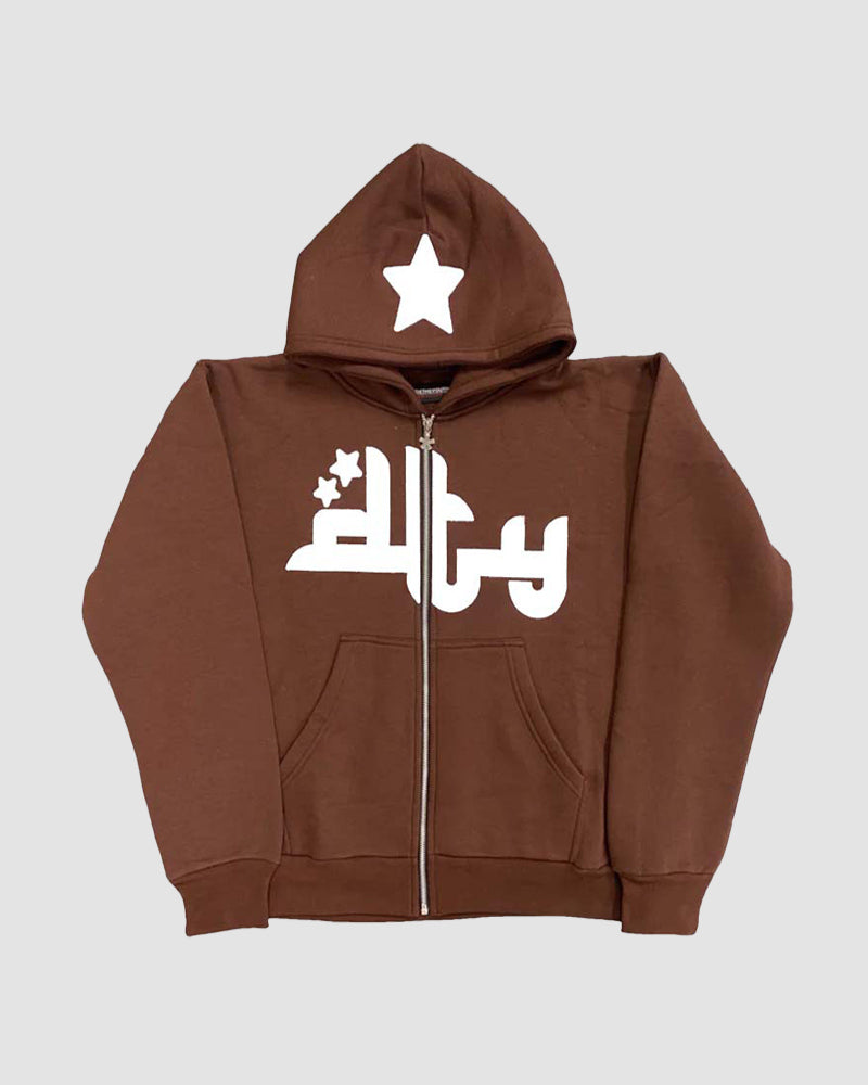 Letter Star Patched Zip Up Hoodie