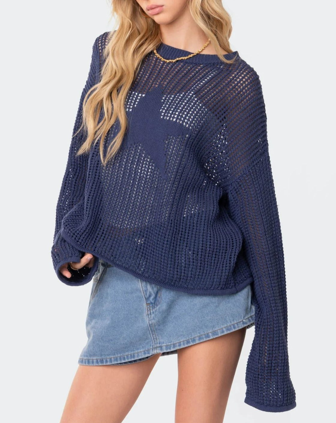 Star Jacquard Long Sleeve Knit Top