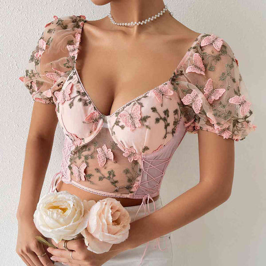 Butterfly Whispers Embroidery Mesh Corset Top