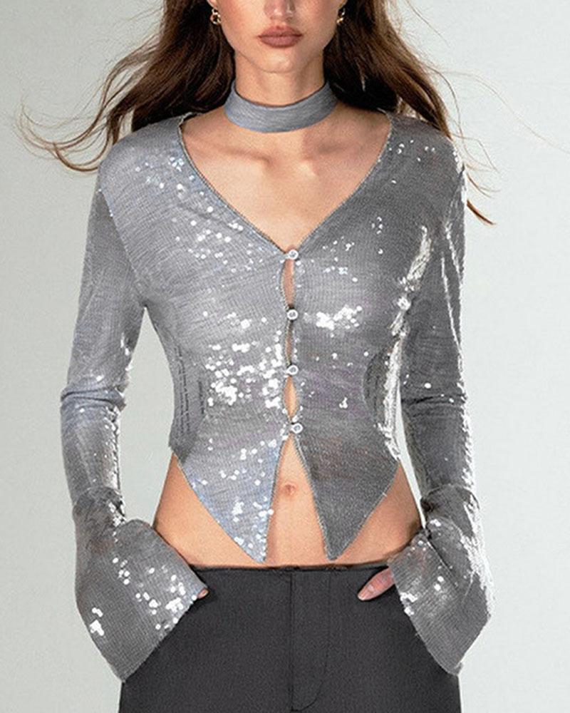 Sequin V-Neck Party Top