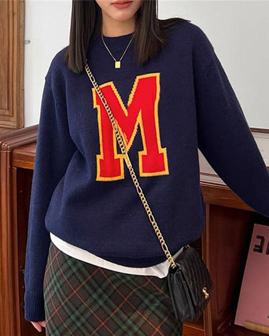 American Retro Campus "M" Letter Pullover Sweater