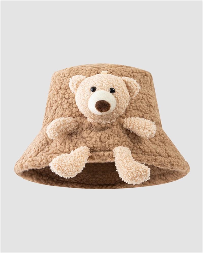 Teddy Bear Decorated Fuzzy Bucket Hat