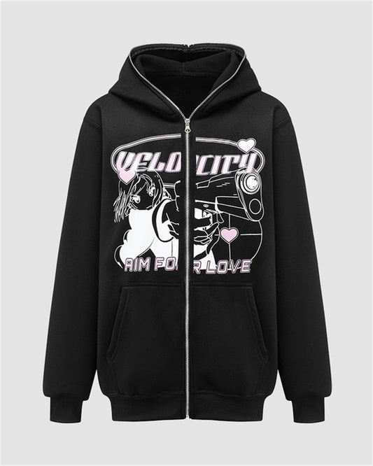 Harajuku Print Zip Up Hoodie