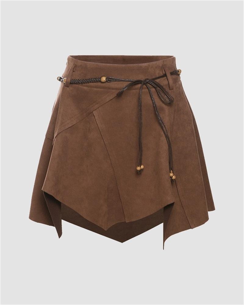 Suede Irregular Brown Midi Skirt