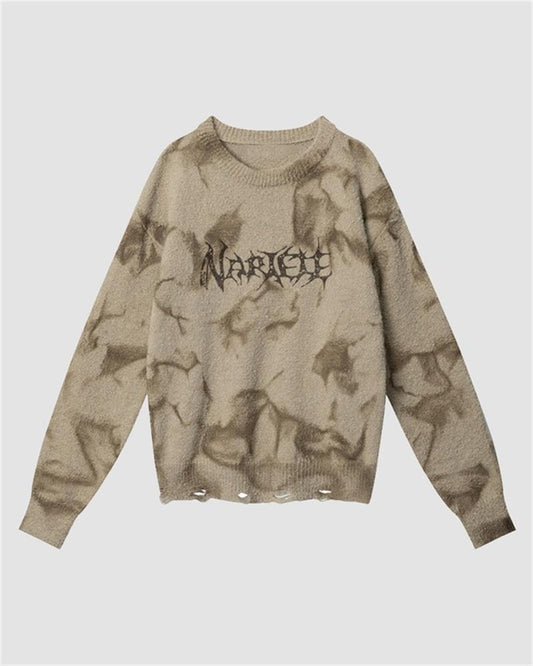 Grunge-Style Letter Printed Holes Sweater