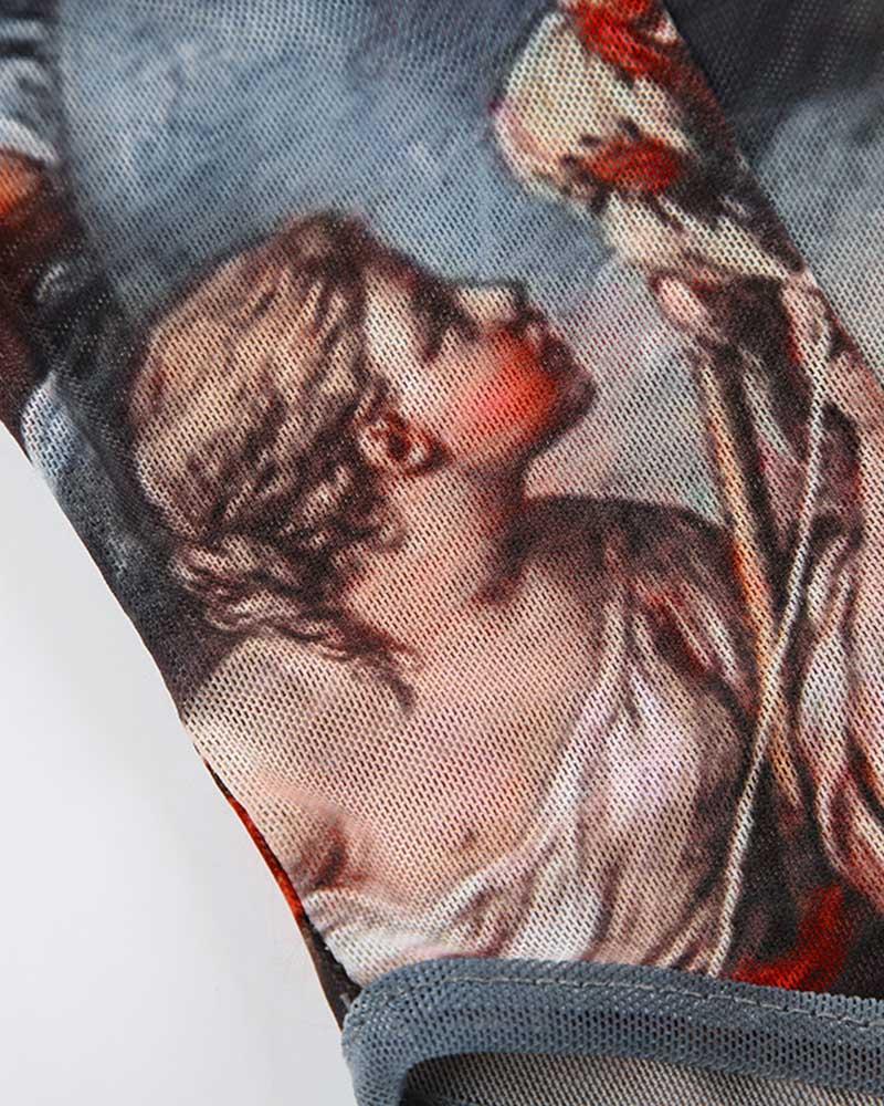 Retro Renaissance Print V-Neck Bodysuit