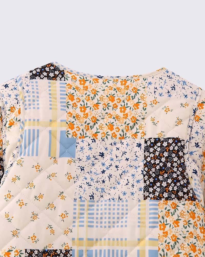 Apricot Blue Small Floral Patchwork Puffer Jacket