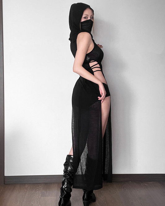 Venom Merchant Mesh Slit Dress with Hood