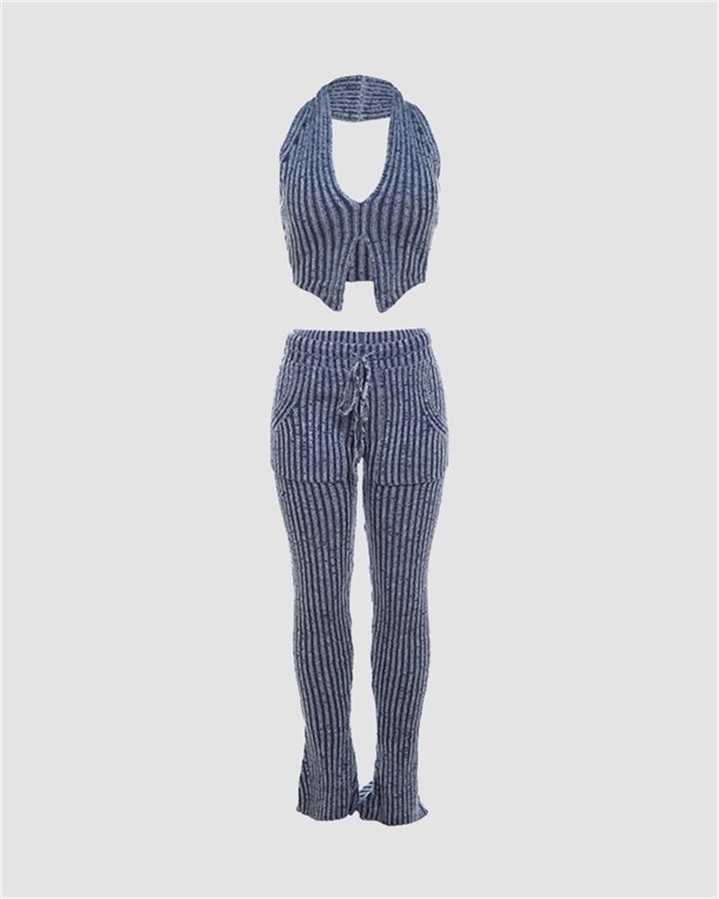 Halter Ribbed Knit Long Pant Coords