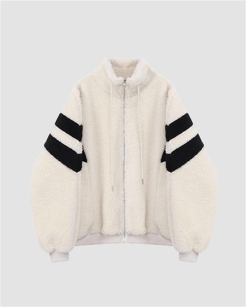 Stripe Colorblock Fuzzy Zip Jacket