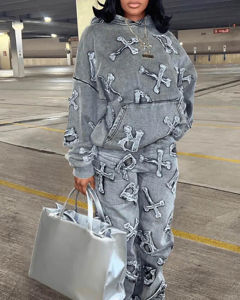 Denim Printed Patch Tracksuit Coord Sets