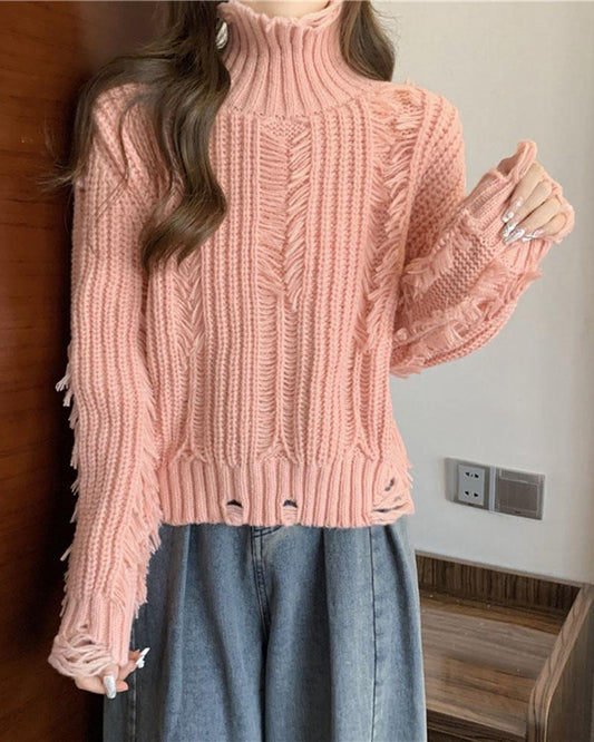 Tassel Pierced High Neck Pullover Sweater