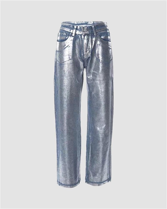 Silver Casual High Waist Denim Jeans