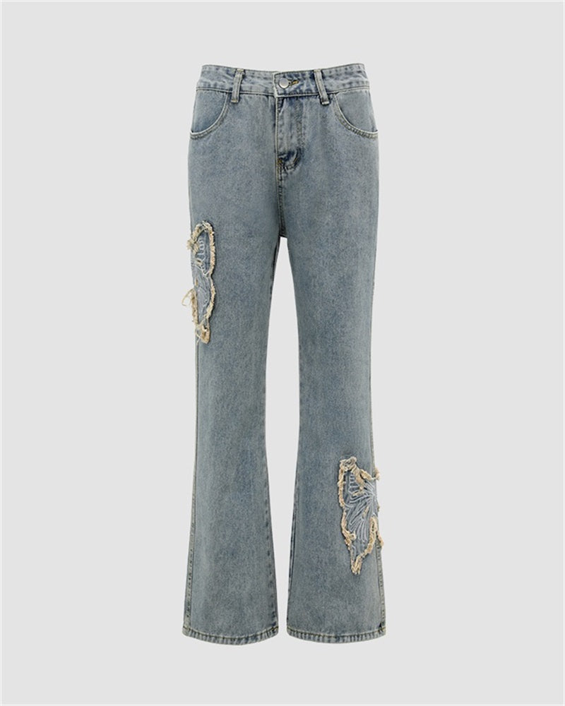 Distressed Butterfly High Rise Flare Jeans