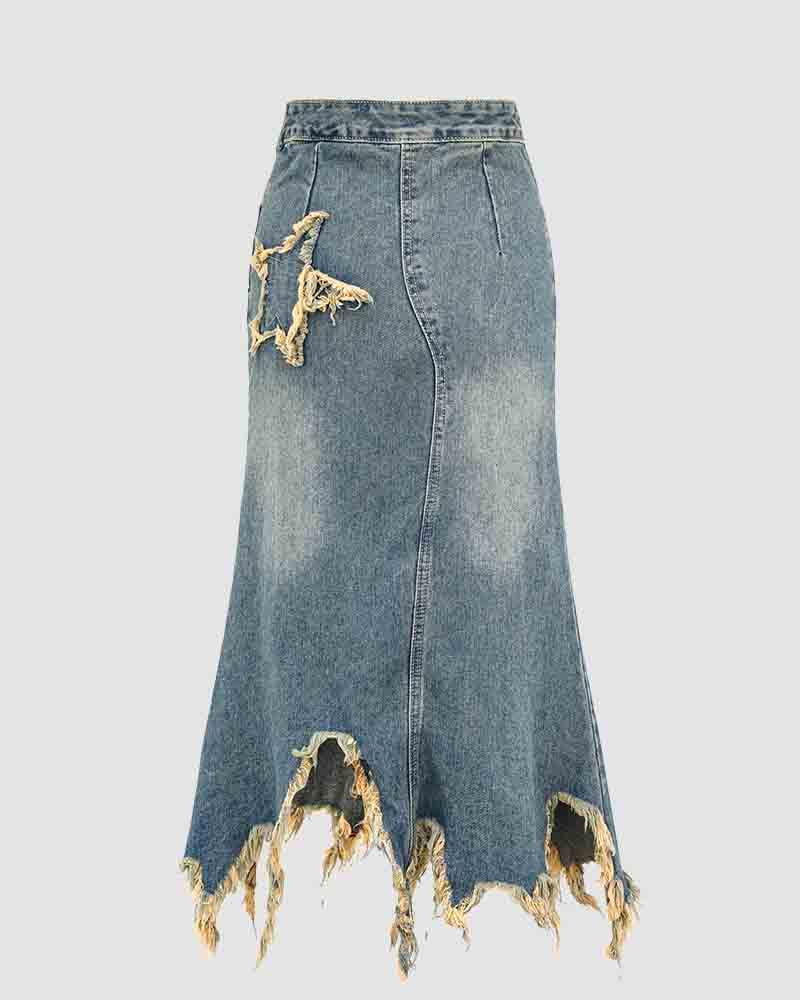 Conjus Distressed Star Denim Skirt