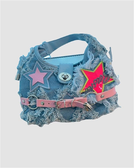 Denim Distressed Star Chunk Mini Bag