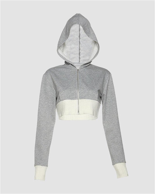 Knitted Patchwork Zip Crop Hoodie