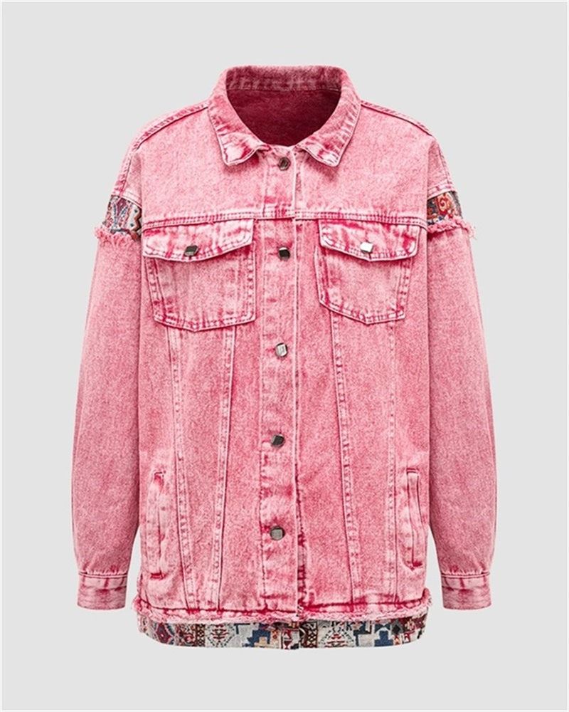 Pinky Retro Pattern Denim Jacket