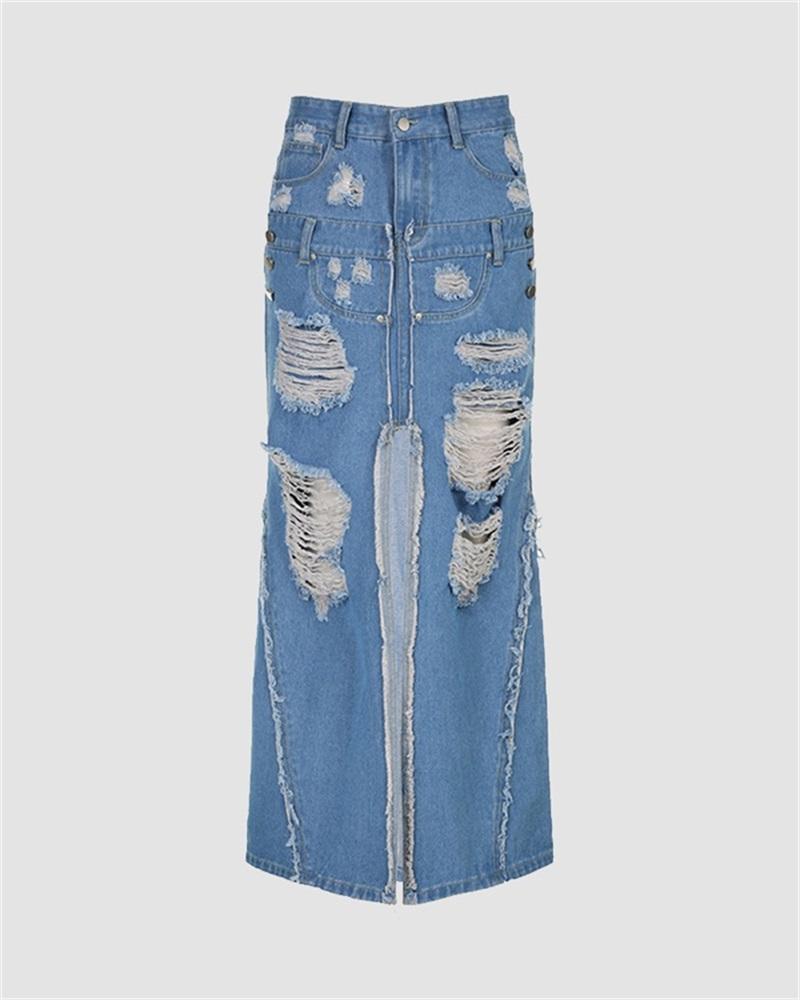 Rip-Off Design Denim Maxi Skirt